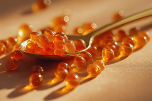 Golden beads on a spoon shine, a Photo by Beautiful things