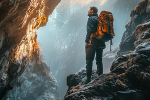 A hiker stands on rocky terrain, gazing up at a glowing cliff in a misty canyon, a Person Photo by Textures & Backgrounds
