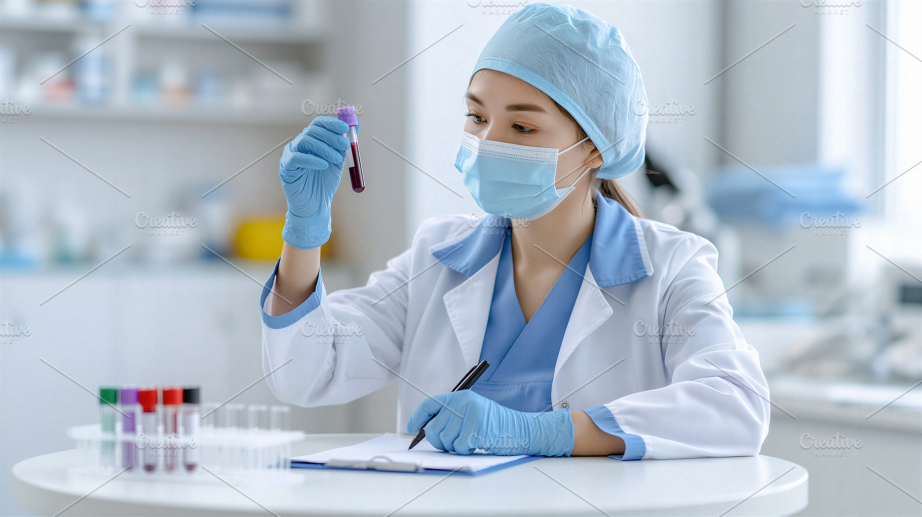 Medical professional examining blood, a Health & Medical Photo by 7DesignLab