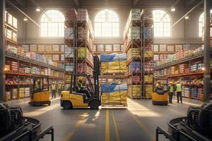 Busy warehouse with forklift moving goods in sunlight