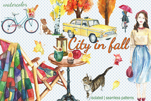 City in fall watercolor set