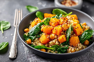 Colorful quinoa bowl with spinach and roasted squash in a modern kitchen settin, a Photo by AlyaAnd
