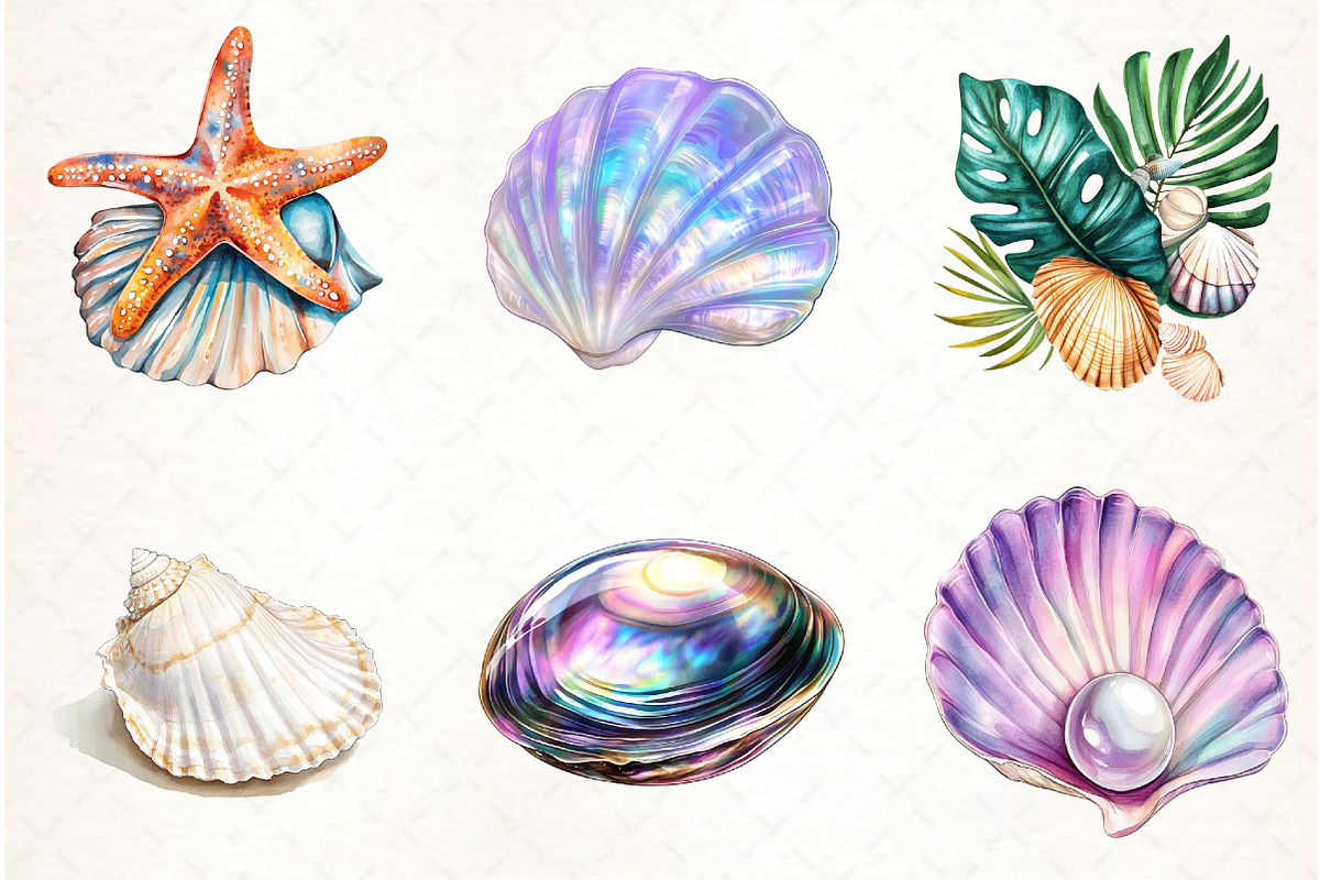 Watercolor Summer Seashell Clipart, an Illustration by Watercolor design (Photo 4 of 4)