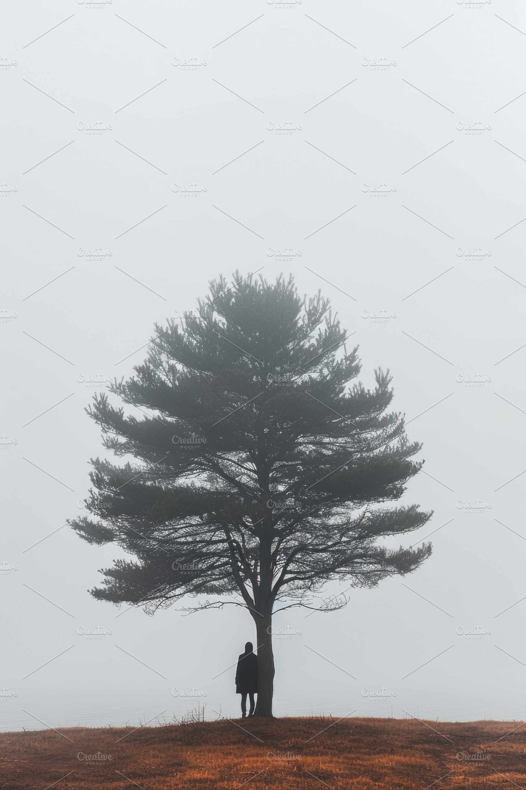 Solitary figure under pine tree in foggy field, moody minimal la, an Abstract Photo by José Manuel Gelpi