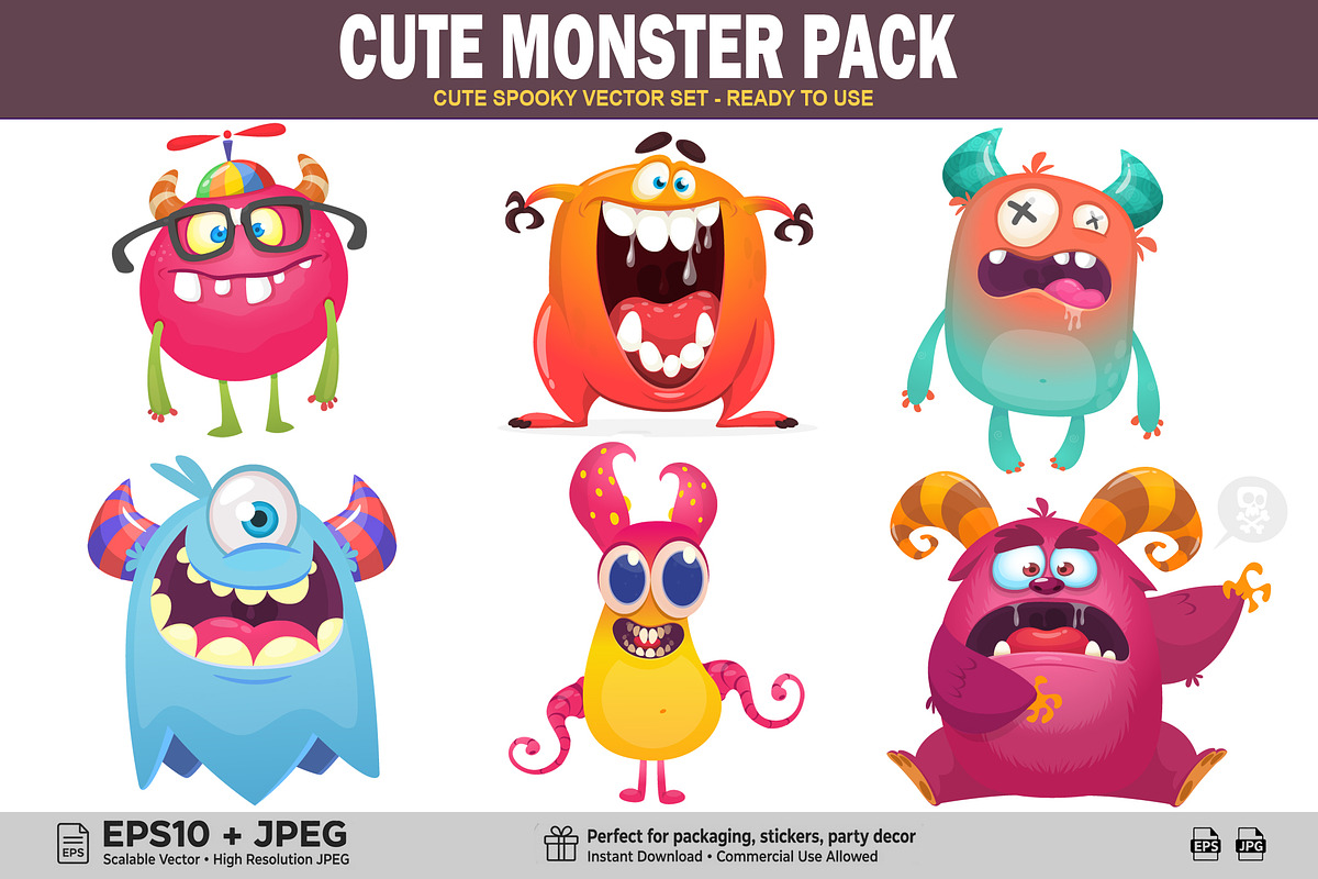 Cute Monster Mascots & Sticker Set, a Decorative Illustration by D R A W K M A N (Photo 1 of 7)