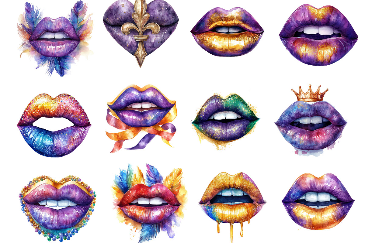 Watercolor Mardi Gras Lips Clipart, an Illustration by Designking (Photo 2 of 5)