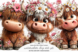 Highland Cow Floral Clipart, an Illustration by GatewayDesign