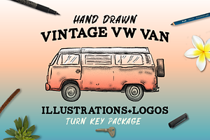 Hand Drawn Vintage VW Van Package