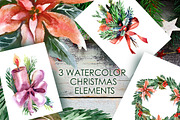 3 Watercolor Christmas Elements, a Decorative Illustration by Marina Grau (Thumbnail 1 of 2)