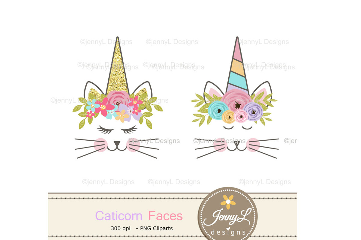 Caticorn face Clipart, Cat Unicorn, an Illustration by JennyL Designs (Photo 2 of 4)
