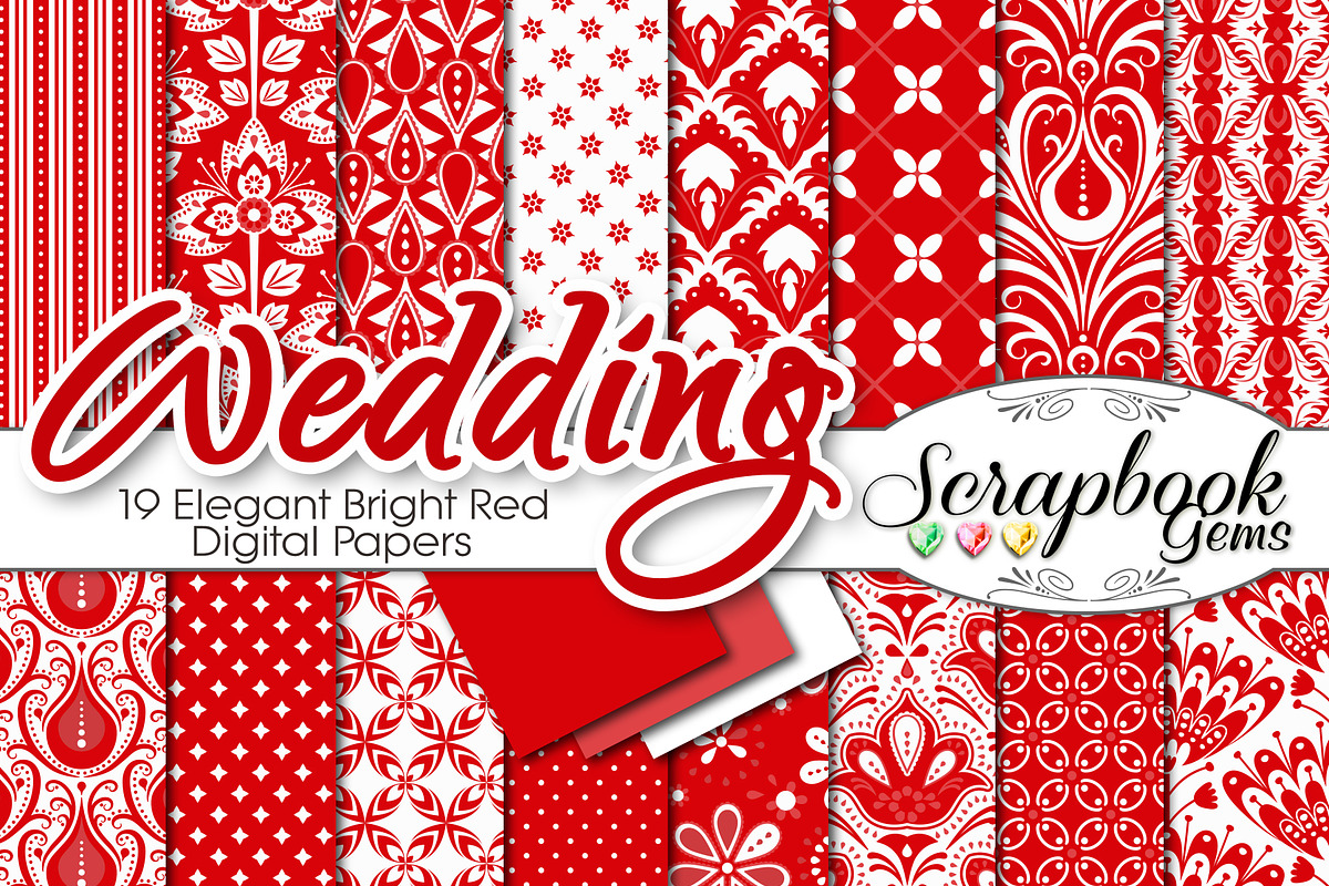 Red Floral Damask Digital Papers, a Pattern Graphic by Scrapbook Gems