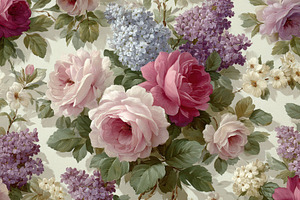 Pink roses lilac blossoms floral pai, a Photo by Pixeness Studio