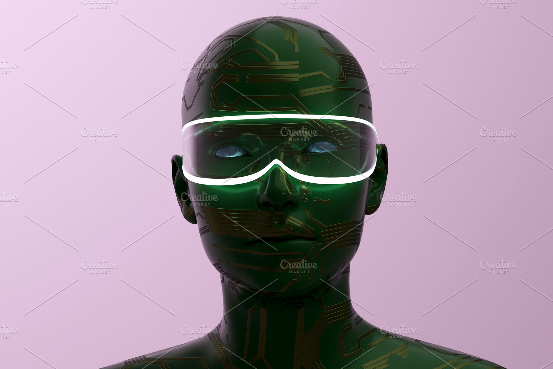 Green circuit humanoid wearing glowing smart visor, a Technology Photo by RF Images