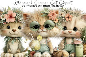 Whimsical Summer Cat Clipart PNG, an Illustration by Black Bird Studio