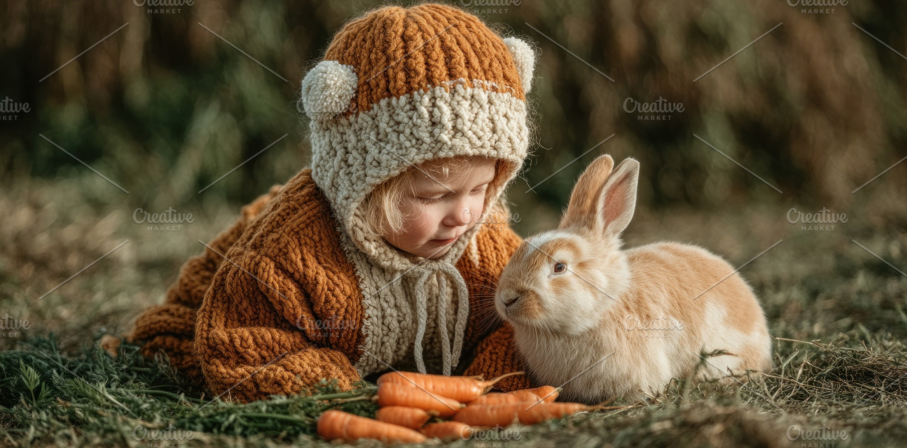 Cute toddler in cozy knit hat feeding rabbit with fresh carrots, a Nature Photo by José Manuel Gelpi