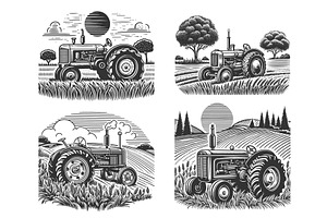 Tractors Working on Farmland set, an Illustration by AlexArt