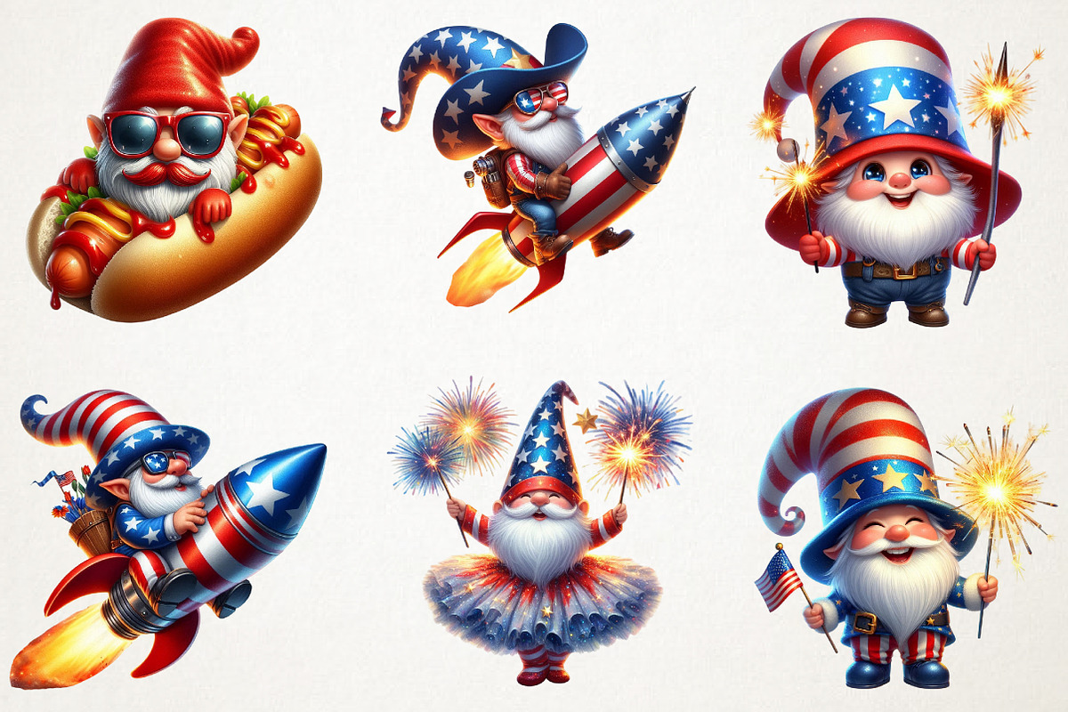 4th Of July Cute Funny Gnome Clipart, a Seasonal Illustration by RobertsArt (Photo 3 of 7)