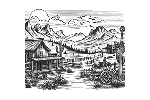 Wild West Landscape Engraving Vector