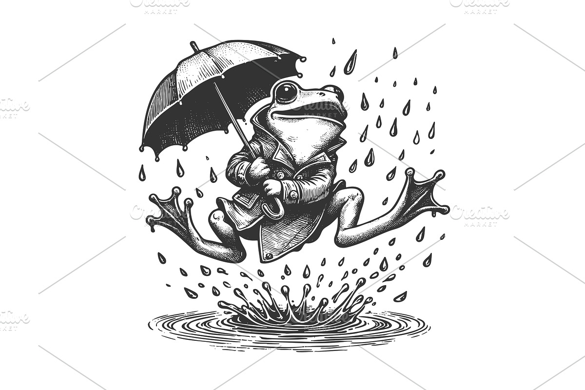 Dapper Frog Jumping with Umbrella in, an Animal Illustration by AlexArt