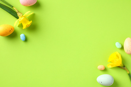 Happy Easter Banner template. Flat lay composition with colorful Easter eggs an, a Holiday Photo by photoguns
