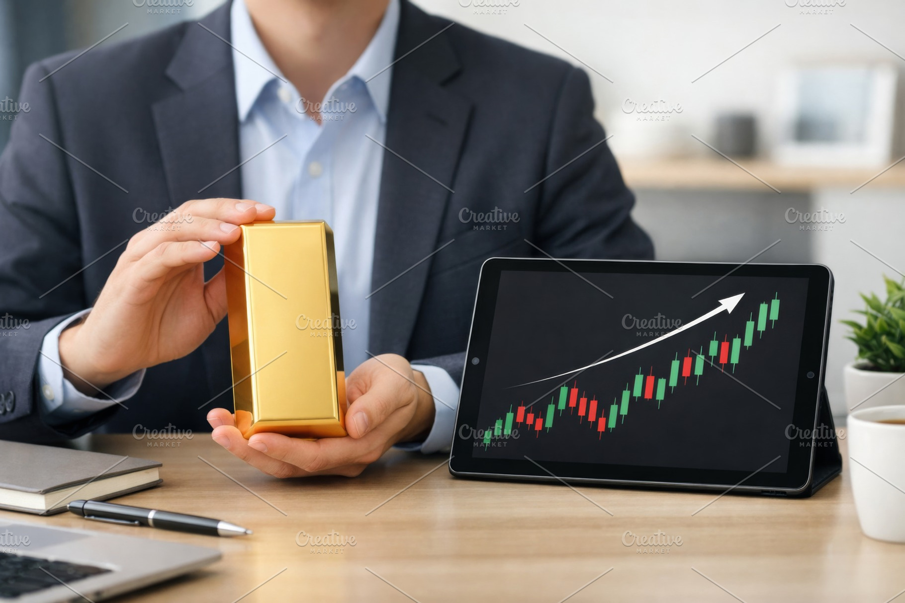 Businessman holding gold bar with ta, a Photo by Dvoevnore photos