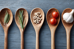 Wooden spoons filled with fresh herb, a Food & Drink Photo by MistyDay
