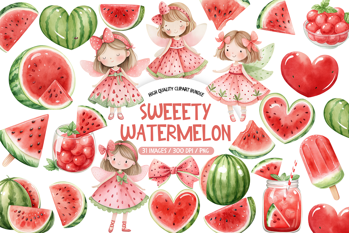 Watercolor Sweet Watermelon Clipart, an Illustration by TatiMockup (Photo 1 of 5)