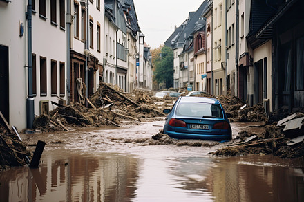 Floating cars in the water during flooding in an european country, with washed