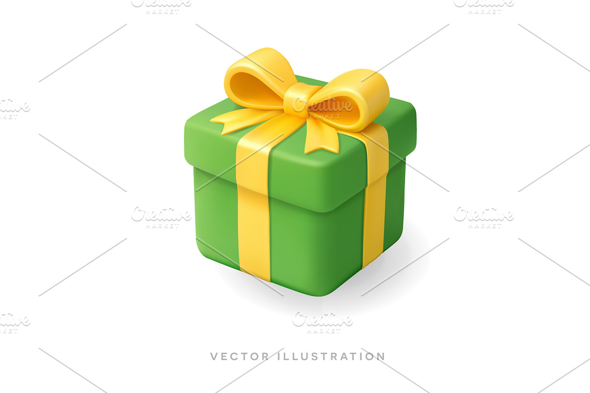 3d green gift box with yellow ribbon, an Object Illustration by GraphiShop