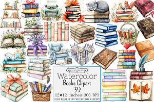 Watercolor Books Clipart, a Seasonal Illustration by Design Market