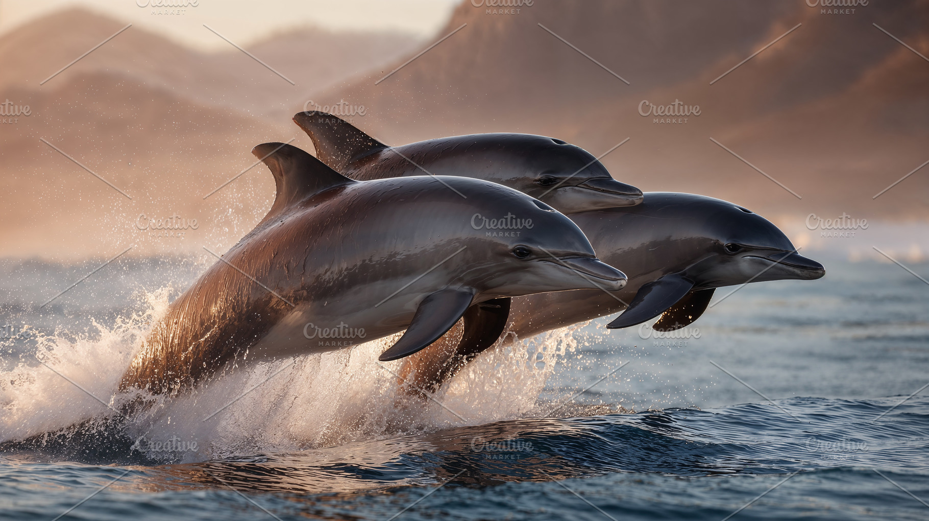 Dolphins leap gracefully above ocean surface during sunset, an Animal Photo by OSORIOartist