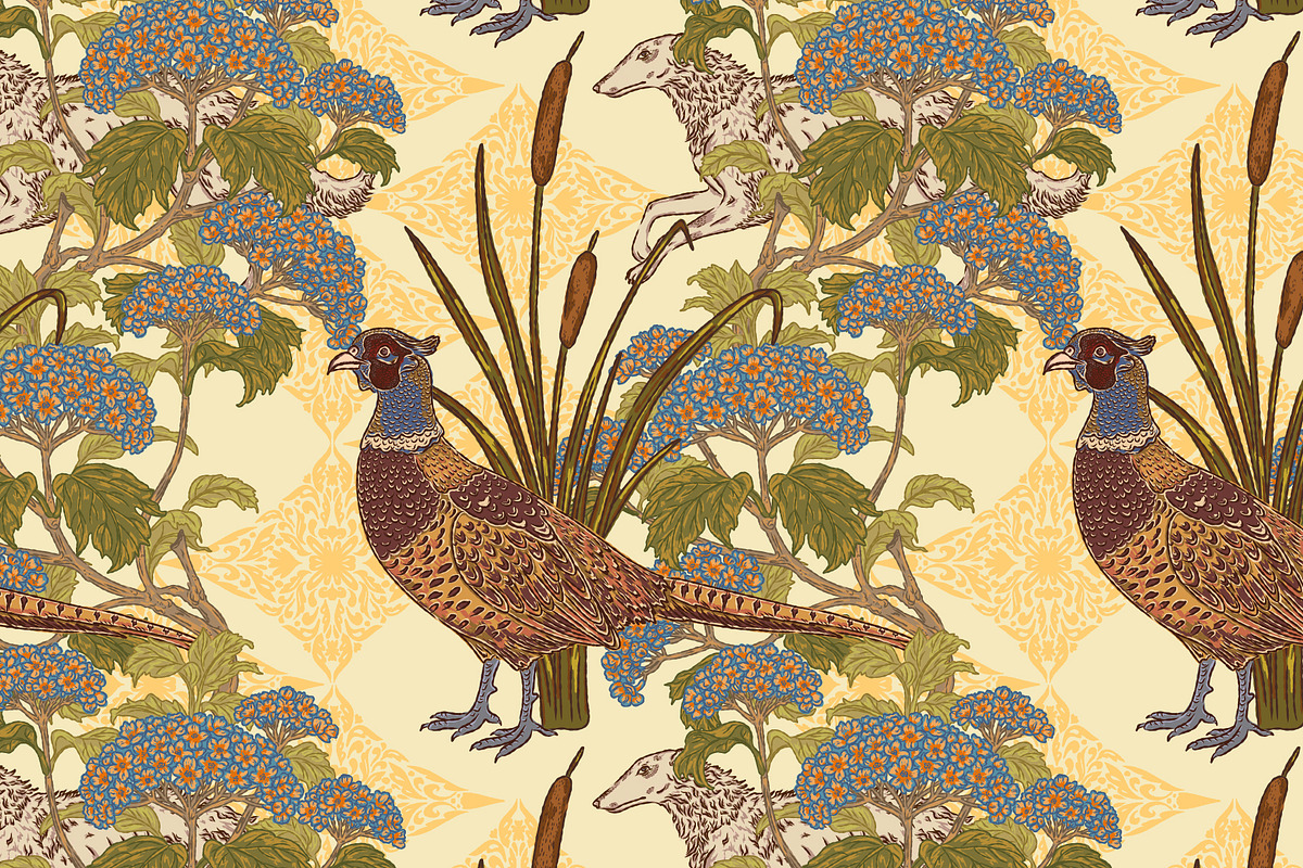 Pheasant, Hydrangea, Borzoi, a Pattern Graphic by NayaChu (Photo 9 of 9)
