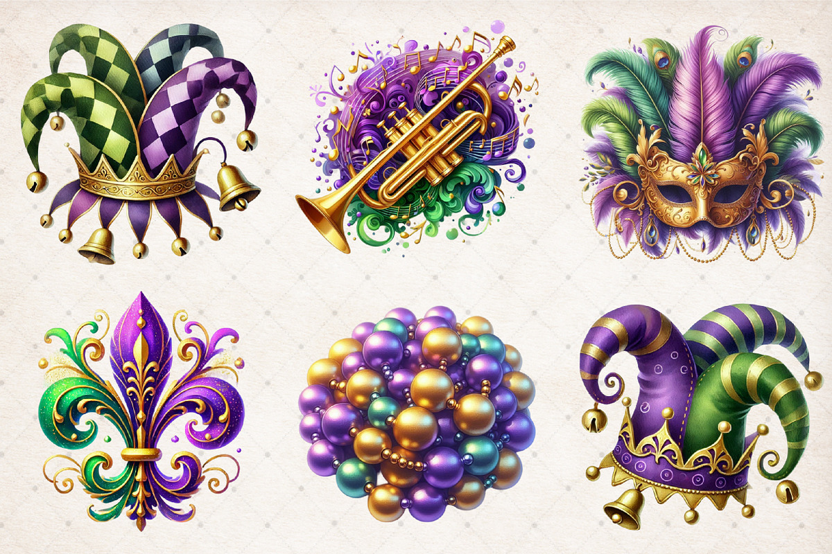 Watercolor Mardi Gras Clipart PNG, an Illustration by SinaCreation (Photo 3 of 5)