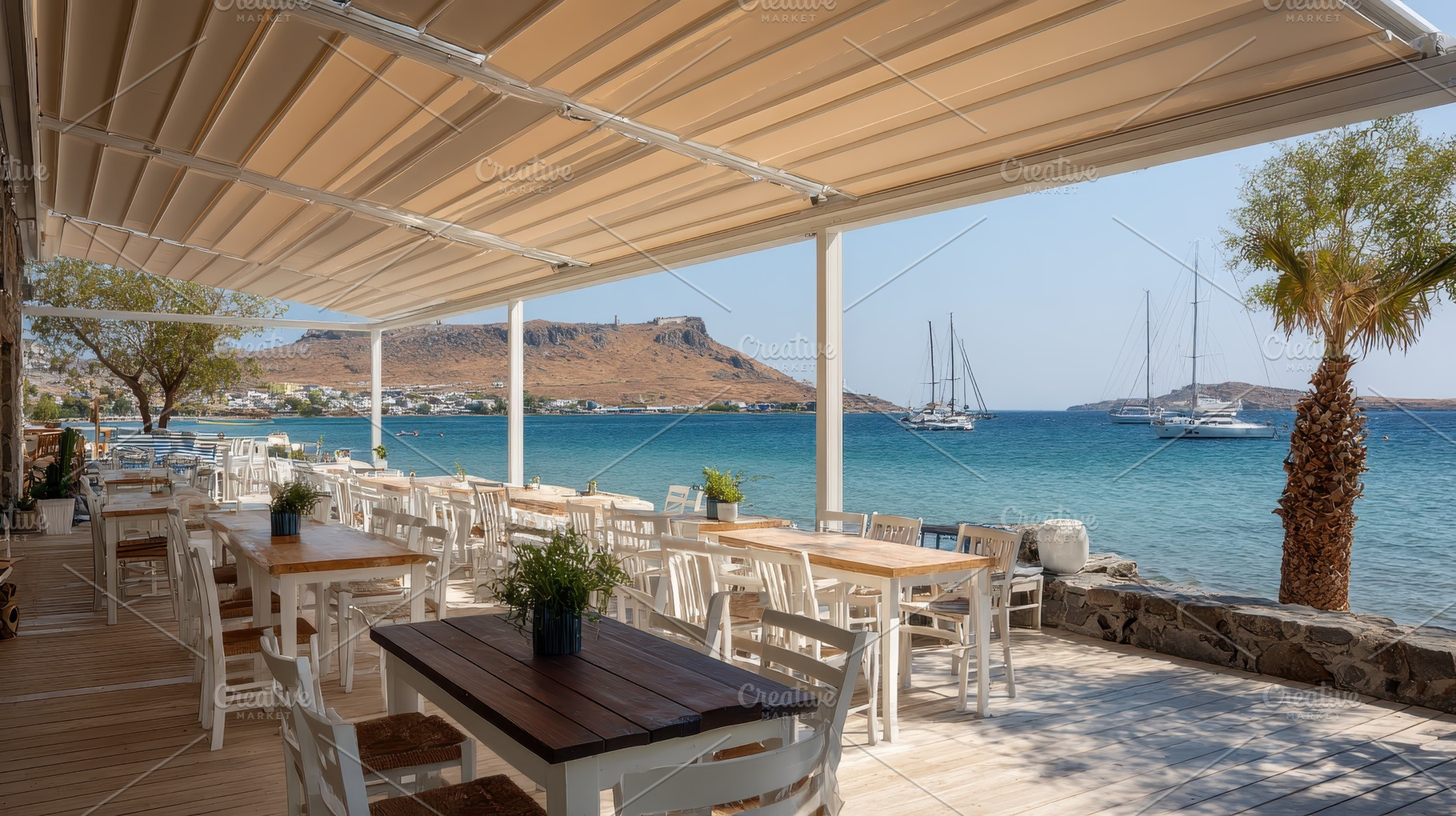 Seaside Restaurant Wooden Tables Whi, a Photo by Pixeness Studio