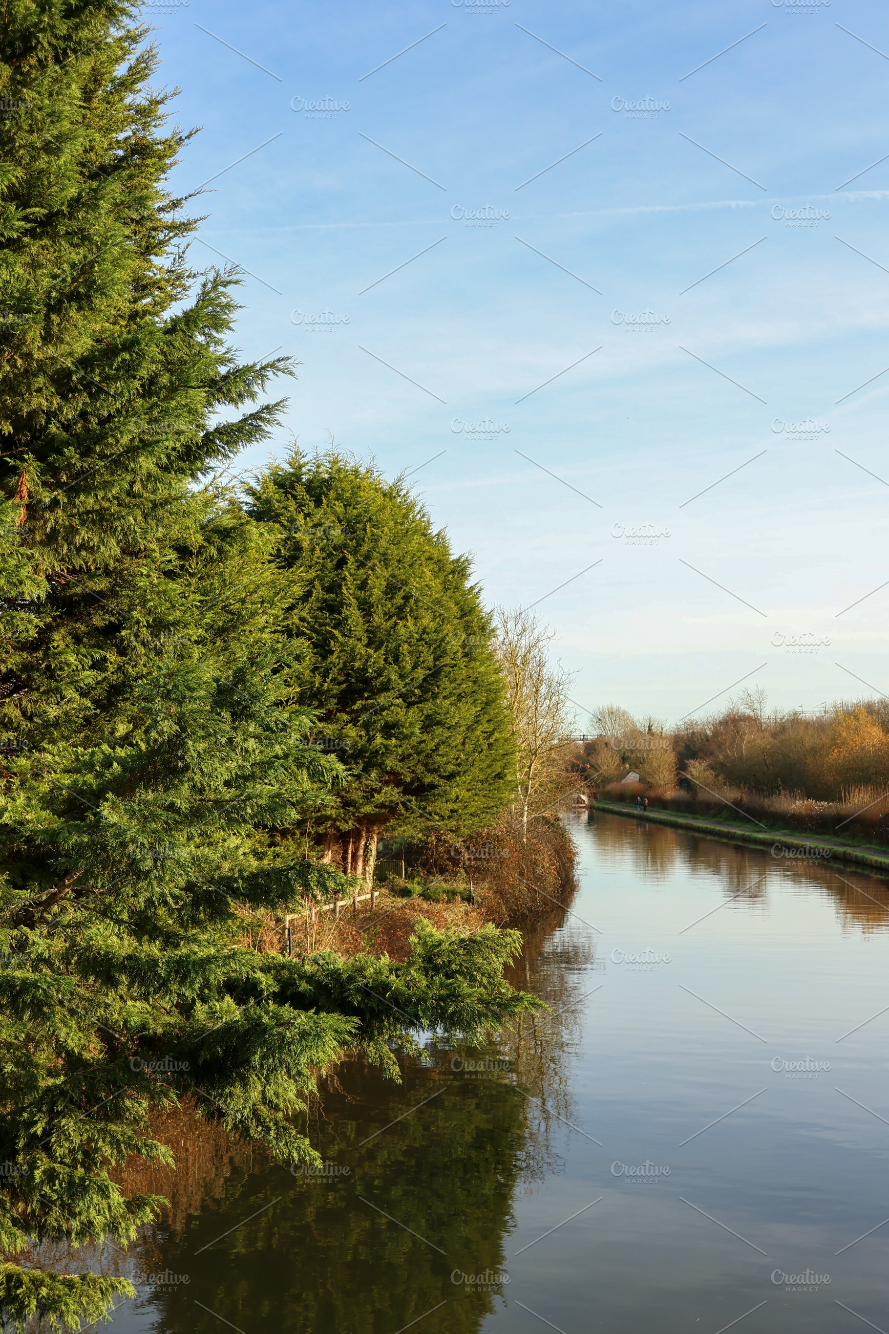 Canal reflecting green trees and clear blue sky on a tranquil sunny day, showca, a Photo by Studio ANNA