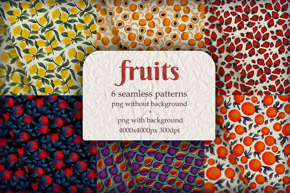 Fruits.Seamless 6 patterns, an Illustration by kaplaniha (Photo 1 of 6)