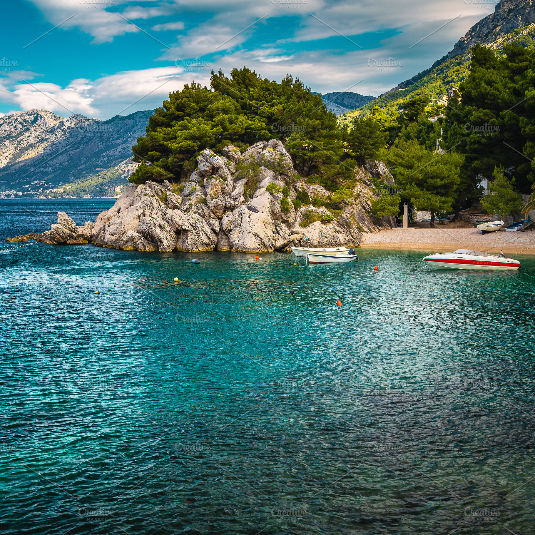 Moored motorboats in the small bay, a Nature Photo by Alpine Dreams