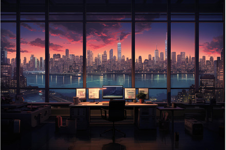 Office workspace sunset. Generate Ai, a Technology Photo by Ylivdesign
