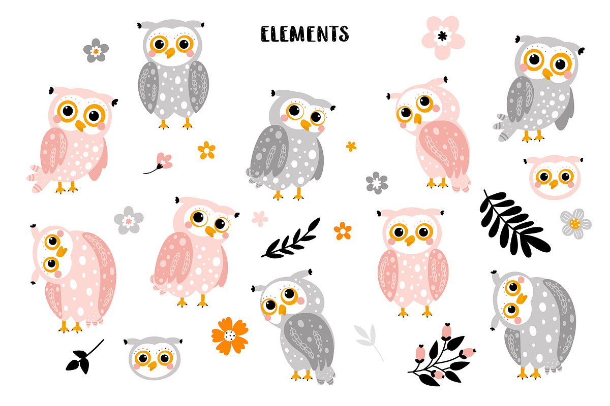 Cute owls with flowers., an Animal Illustration by rosypatterns (Photo 3 of 5)