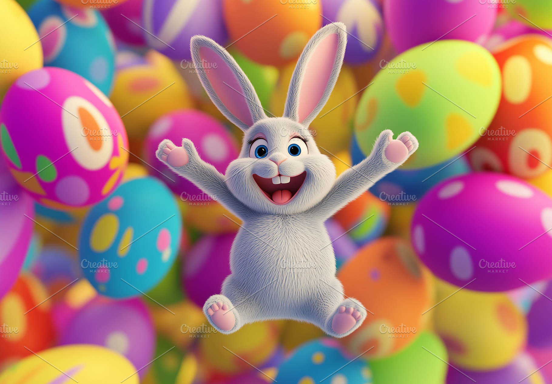 A cartoonish white rabbit hopping, a Holiday Photo by Imaginarium