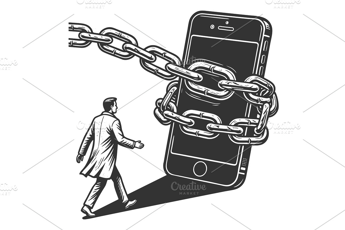 Man confronting chained smartphone, a Technology Illustration by AlexArt