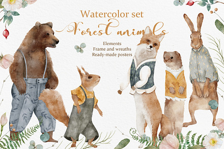 Watercolor set Forest animals