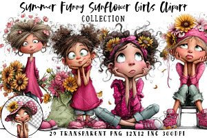 Summer Funny Sunflower Girls Clipart, an Illustration by OK Design