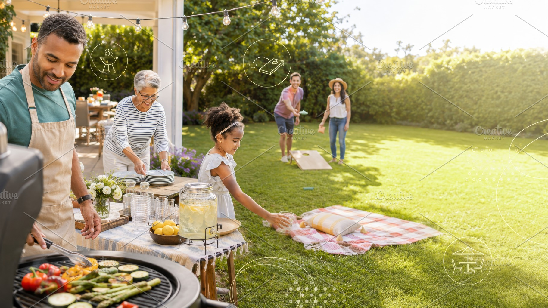 Family enjoying summer backyard barb, a Photo by Dvoevnore photos