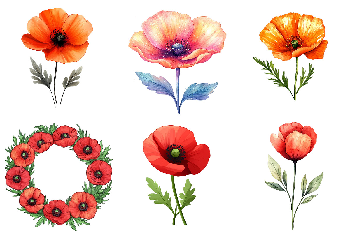 Poppy Flower Watercolor Cliparts, an Illustration by Watercolor design (Photo 2 of 4)