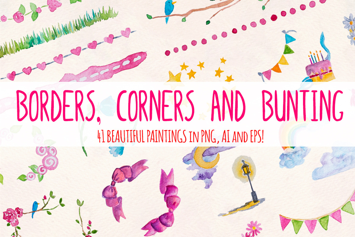 40 Watercolor Borders Bunting, a Decorative Illustration by Violet LeBeaux (Photo 1 of 3)