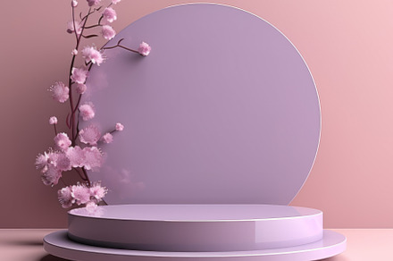 Fresh lush pink sakura flowers on branch with cylinder podium mockup in soft li, an Abstract Photo by Natalia Klenova's Shop