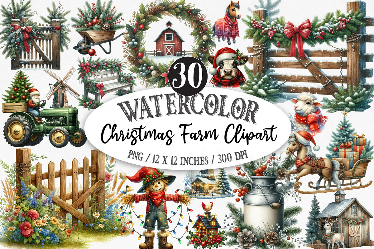 Christmas Farm Watercolor Clipart, an Illustration by Designking (Photo 1 of 5)