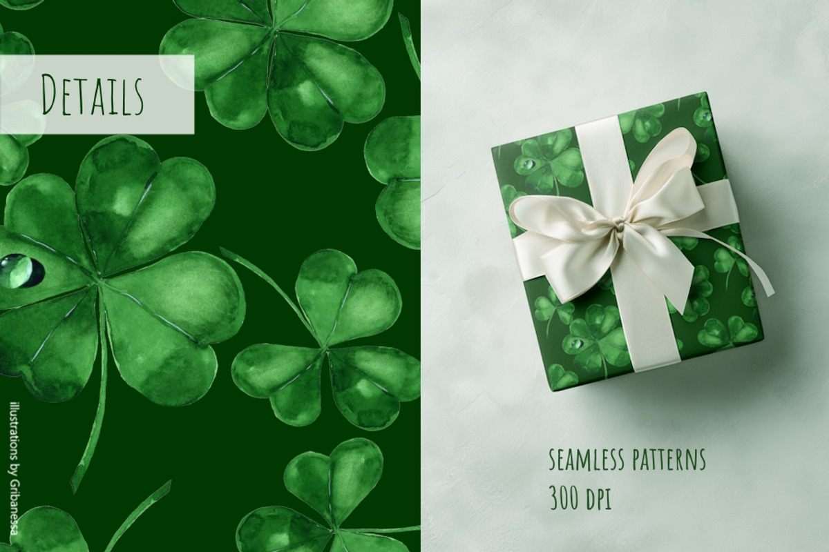Watercolor Lucky Clover Pattern, a Decorative Illustration by Gribanessa (Photo 4 of 4)