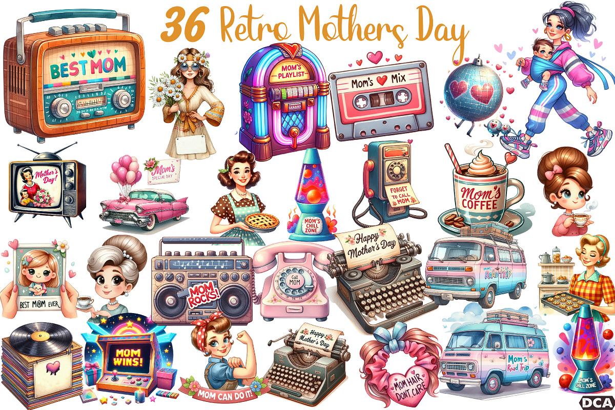 Retro Mothers Day Clipart, an Illustration by DreamCafeArt (Photo 1 of 3)